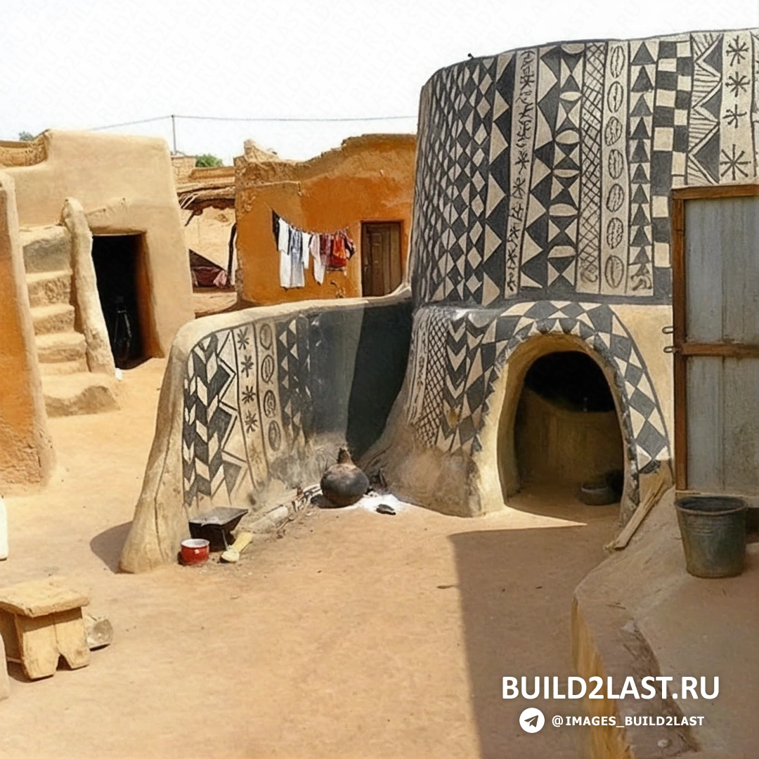 Коричневый и черный фасад земляного дома в Tiebele, отделанный штукатуркой и глиной.