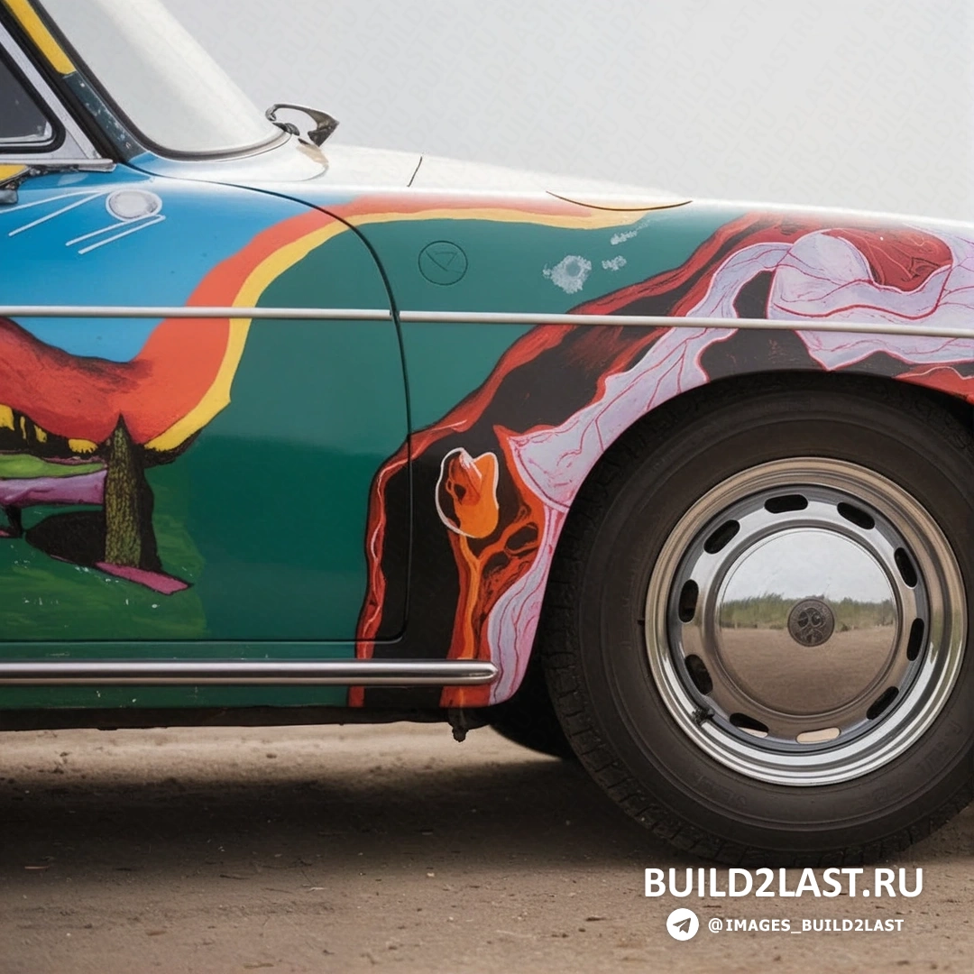 Porsche 356 SC Кабриолет Дженис Джоплин, украшенный яркими и разноцветными элементами в стиле хиппи, на фоне города Кливленд
